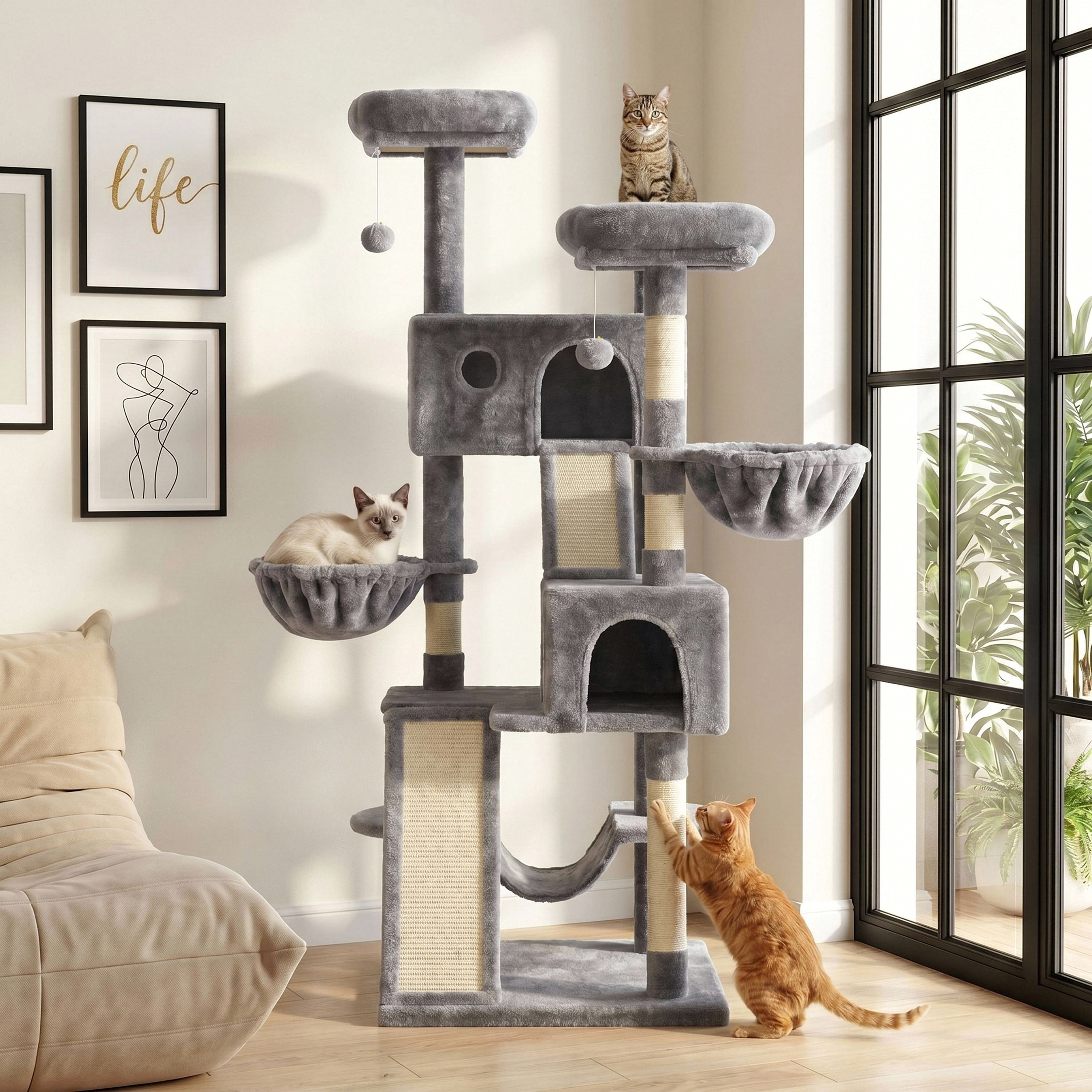 Merrland 65.7 " Large Cat Tree Tower and Condo for Cats with Hammock & Scratching Posts, Grey