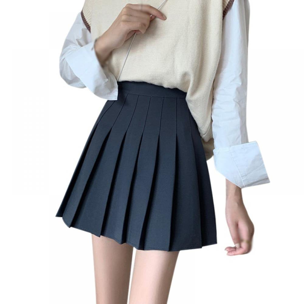 Girls Women High Waisted Plain Pleated Skirt Skater Tennis School Uniforms A line Mini Skirt Lining Shorts