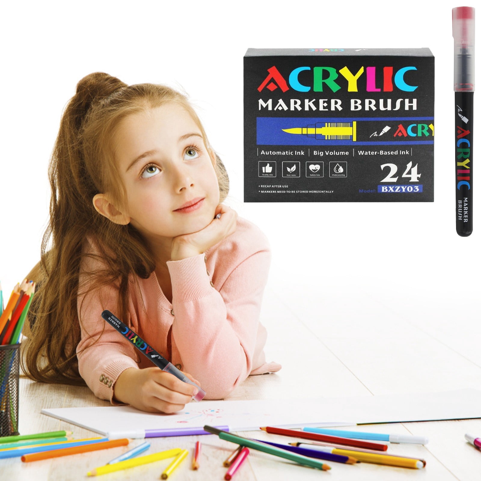 Solivara Soft Brush Tip Acrylic Paint Markers Quick Drying For Canvas Rock Wood Glass Ceramic Diy (Black,One Size)