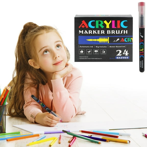 Paint Pens Soft Brush Tip 24 Color Acrylic Paint Markers Quick Drying Markers for Canvas Rock Wood Stone Glass Ceramic Fabric Painting Diy Crafts 48ml