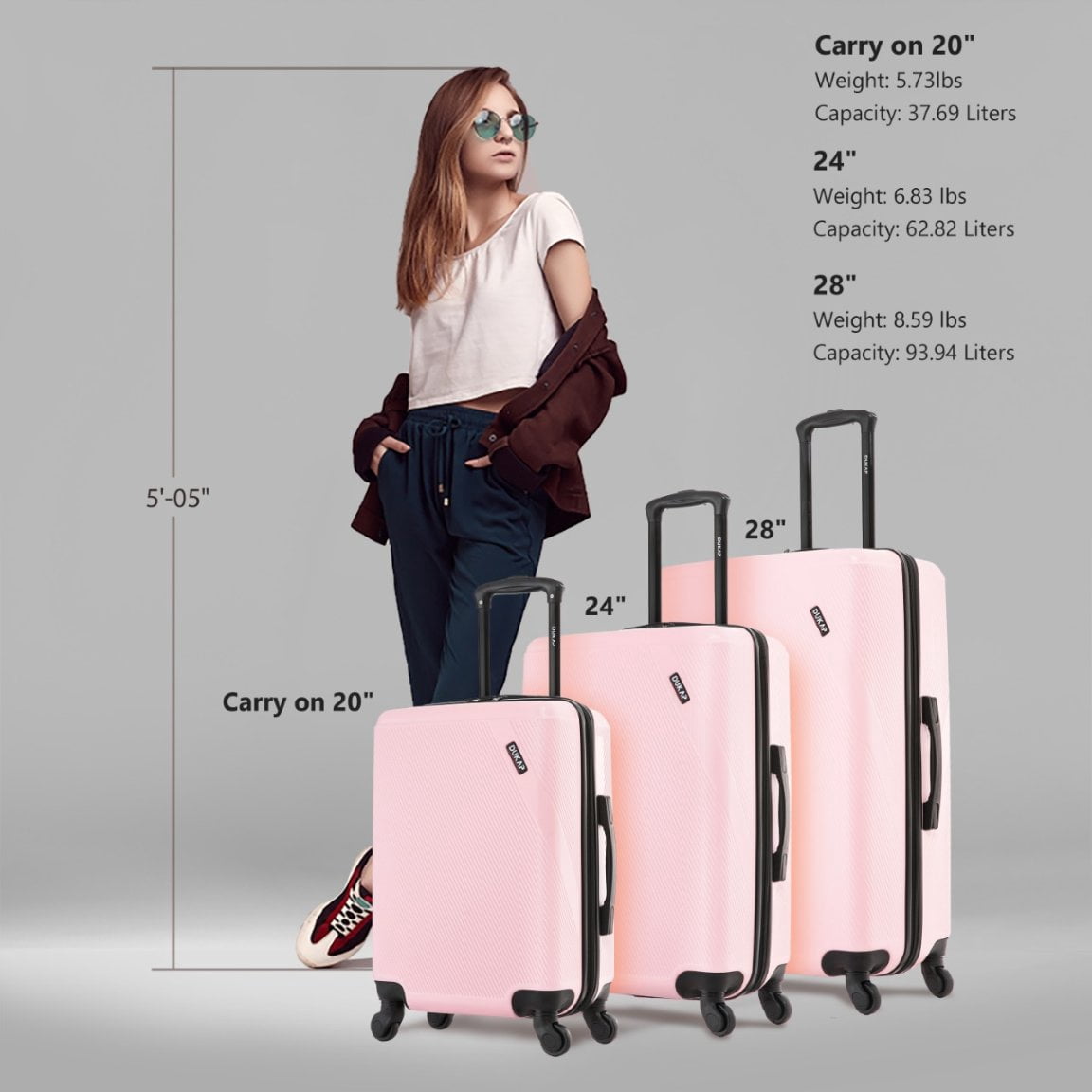 DUKAP Discovery 3-Piece Hardside Luggage Sets with Spinner Wheels, Handle and Trolley, (20"/24"/28"), Pink