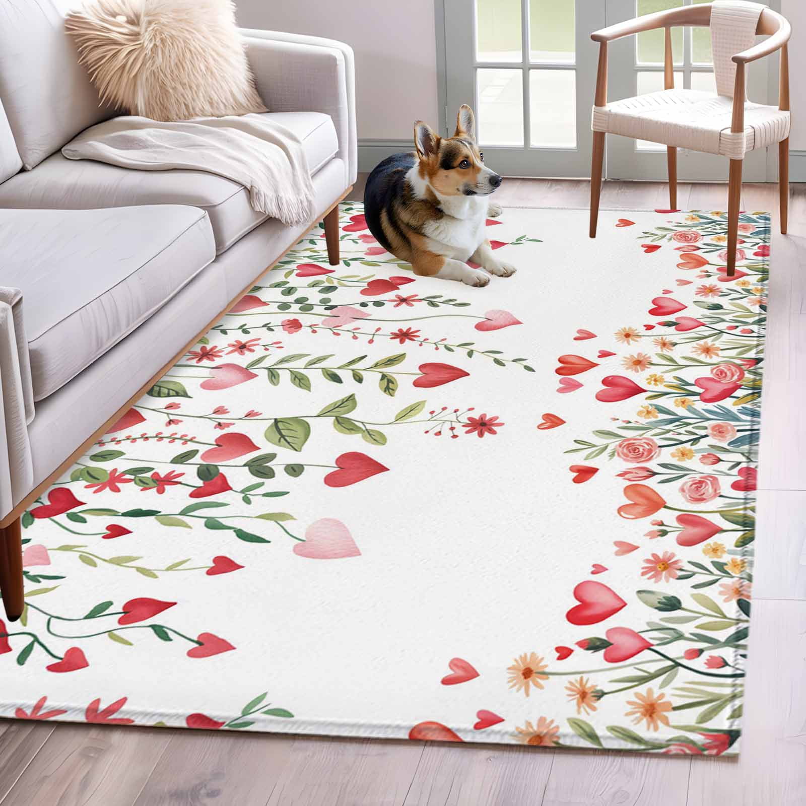 Rectangle Area Rug 4x6ft Watercolor Love Heart Leaf Flower Non-Shedding Washable Area Rug Valentine s Day Theme Non Slip Low-Profile Rugs for Living Room Bedroom Dining Room