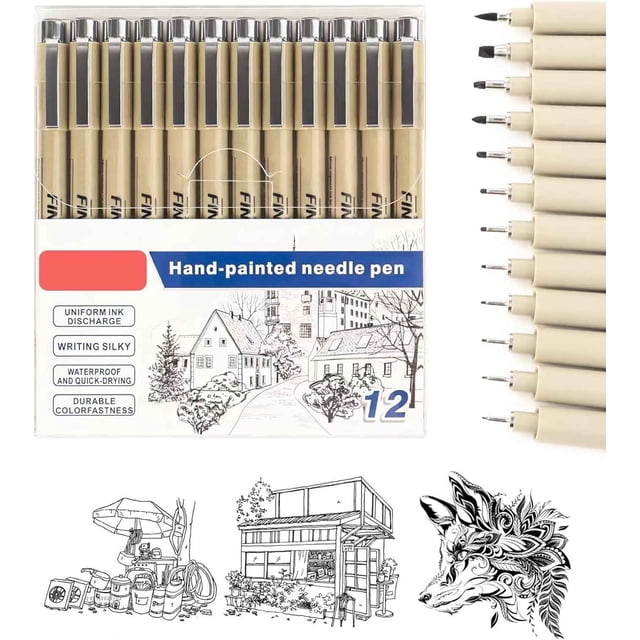 Estilografos (12 PCS) Rotuladores Punta Fina a Grueso, Plumas Negras Para Rotuladores y Dibujo, Estilógrafo para Caligrafía, Escribir, Diseñar, Cómic