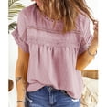 thumbnail image 3 of Camiseta de manga corta de Color puro de verano, blusa con cuello redondo y empalme de encaje de punto suizo, 3 of 6