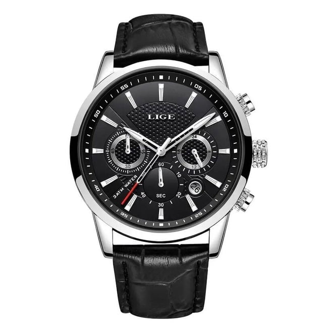 Reloj de cuarzo de cuero casual de lujo LIGE color negro para hombre