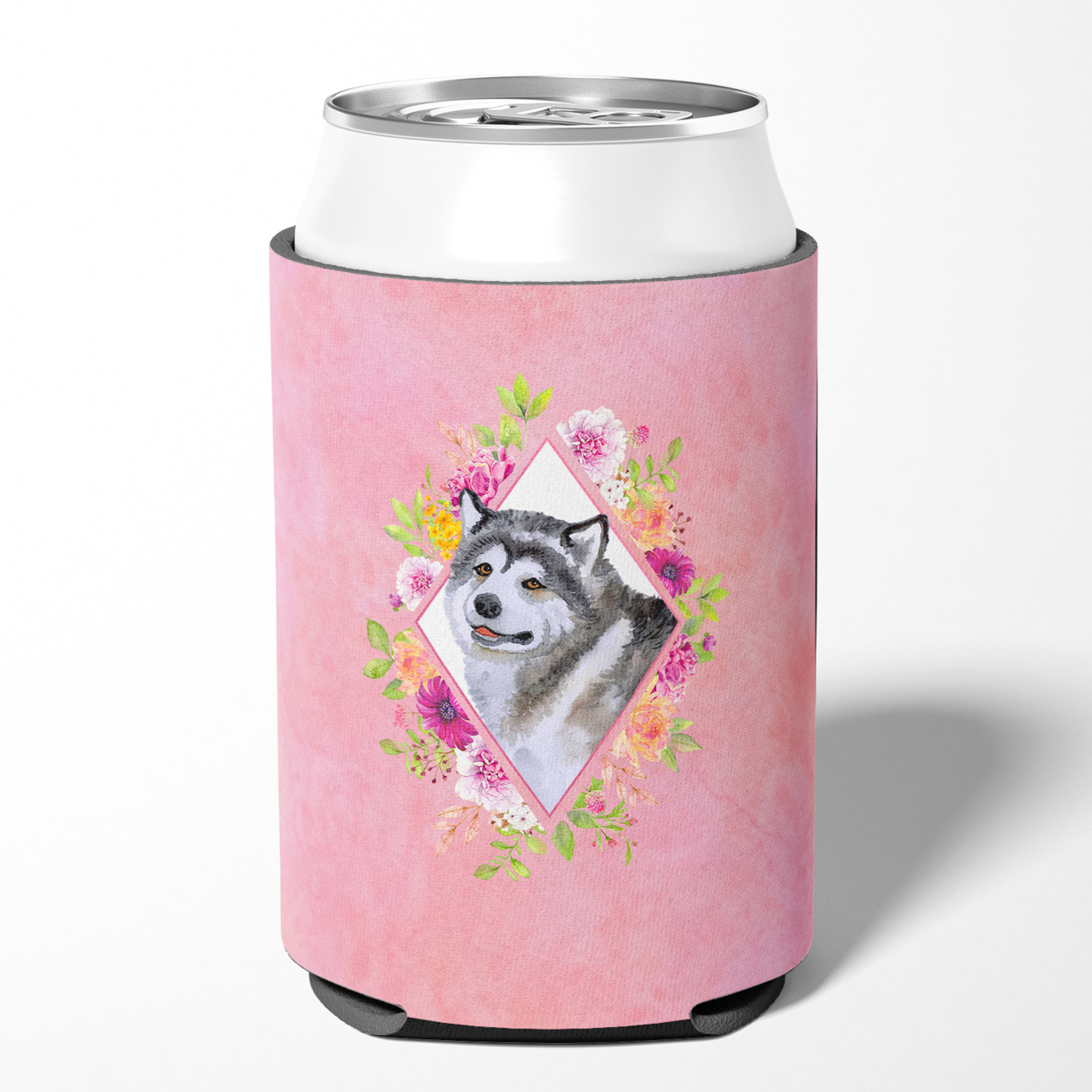Carolines Treasures CK4112CC Alaskan Malamute Pink Flowers Can or Bottle Hugger Can Hugger multicolor