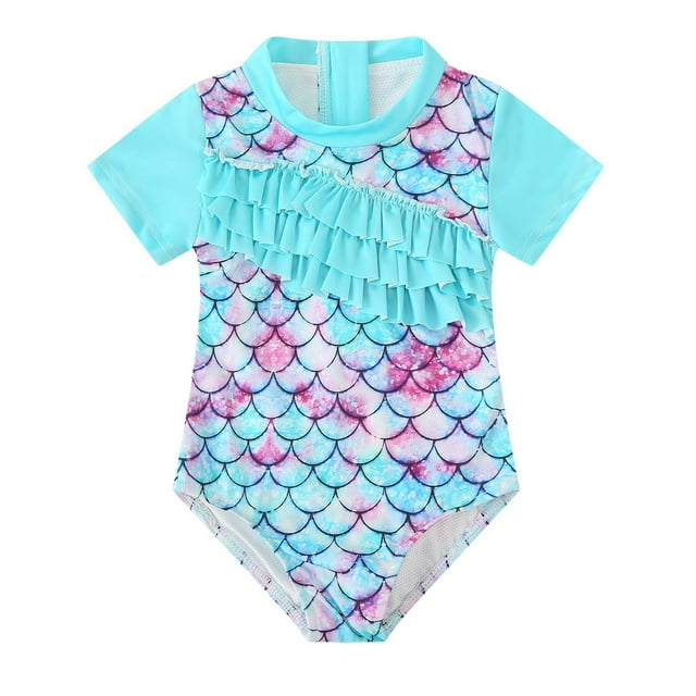 WEIYLL Girls Swimsuit One Piece Fish Scale Print Zip Front Lace Trim Short Sleeve Spring Summer Sky Blue Swimwear for 5-6 Years