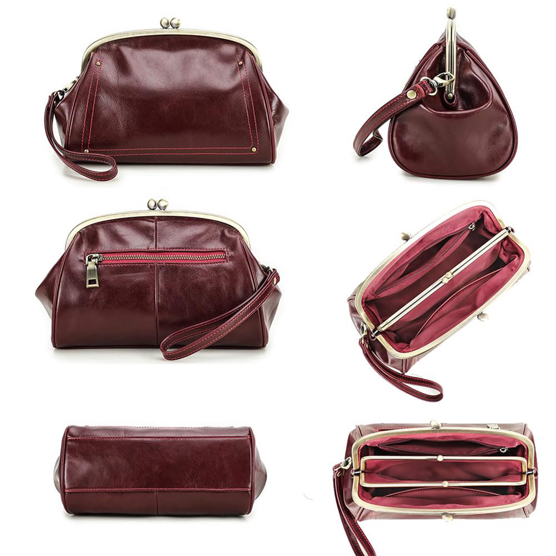 Contact's Dual Kiss Lock Clutch Bag for Women Leather Evening Bag Large Clutch Purse Vintage Handbag Phone Organizer (Wine Red)