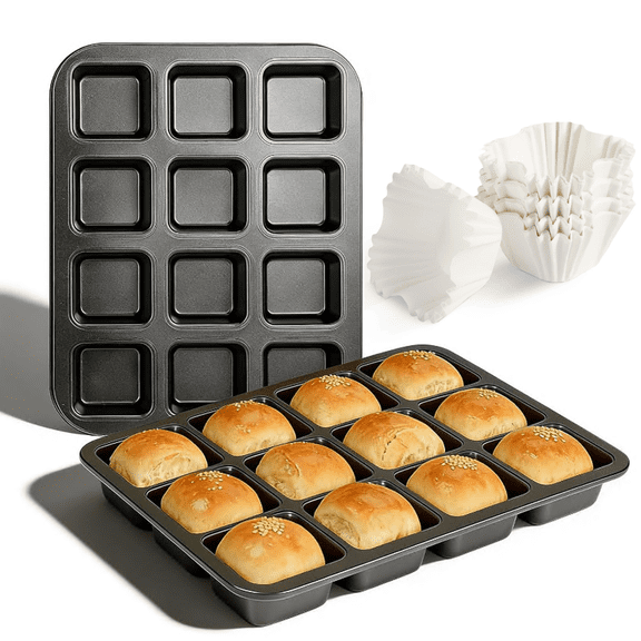 2 Pack 12 Cavity Brownie Pan with 100PCS Cupcake Liners, Non-Stick Square Muffin Pan,All Edges Baking Pan for Cupcakes,Tart,Muffin Cakes,Cookie,Bread