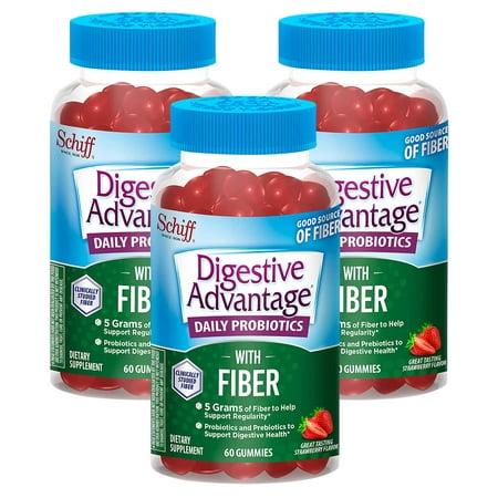 Digestive Advantage Daily Probiotic + Prebiotic Fiber, For Digestive & Immune Health, Strawberry Flavor - 60 Gummies (Pack of 3)