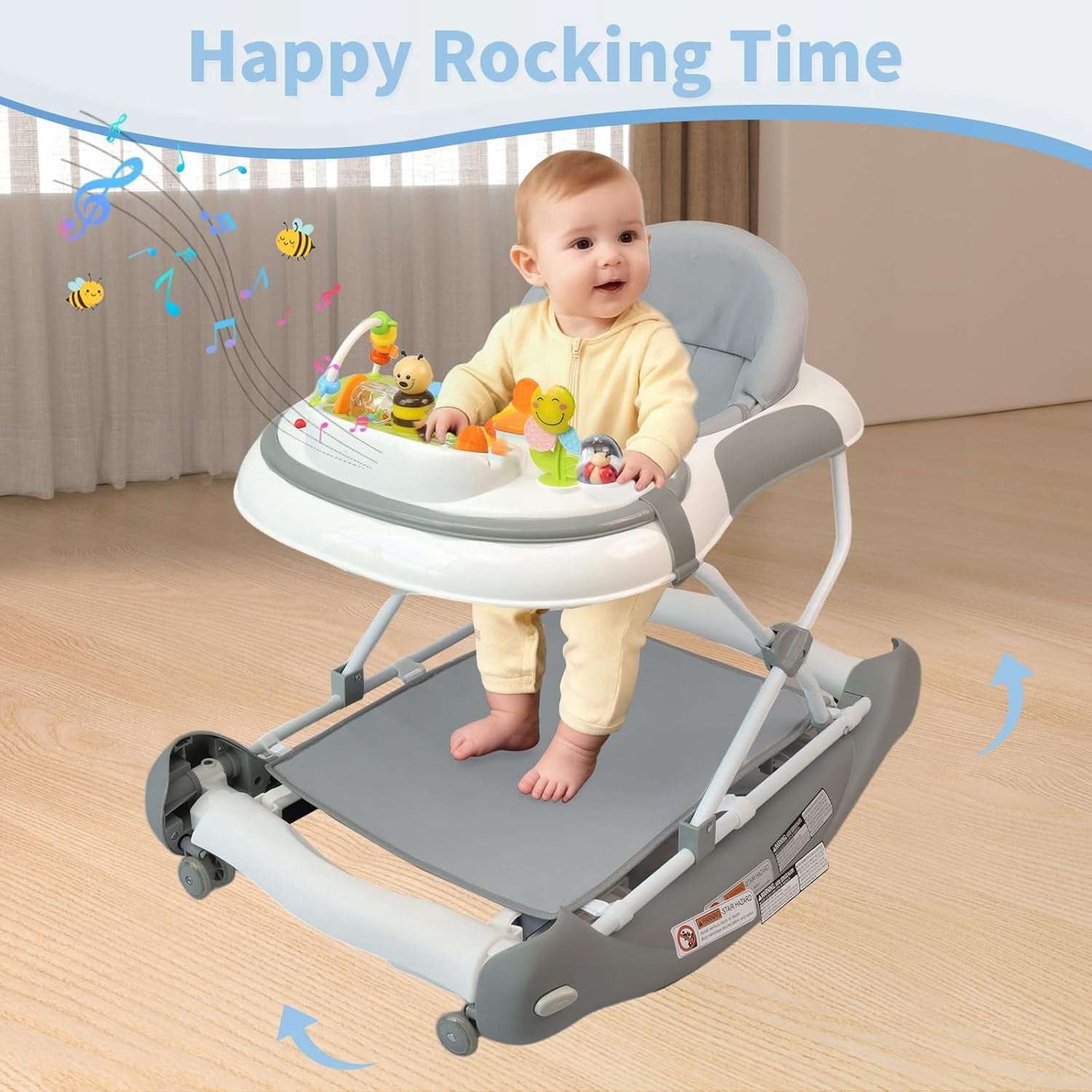 5 in 1 Baby Walker (Walk,Jumper,Rocking,Push,Eating Mode) for Boys Girls,Foldable,Music & Light,Height Adjustable,Wheels for Infant Babies,Grey