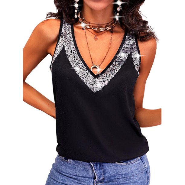 Frontwalk Women Womens Sleeveless Sparkle Sequin Tunic Tops VNeck Cami