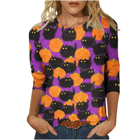 

Juebong Womens 3/4 Sleeve Sweatshirts Oversize Pullover Relaxed Fit Halloween Print V Neck Half Sleeve Tunic Tops Dresses with Pocket for Beach Vacation Party Club Night