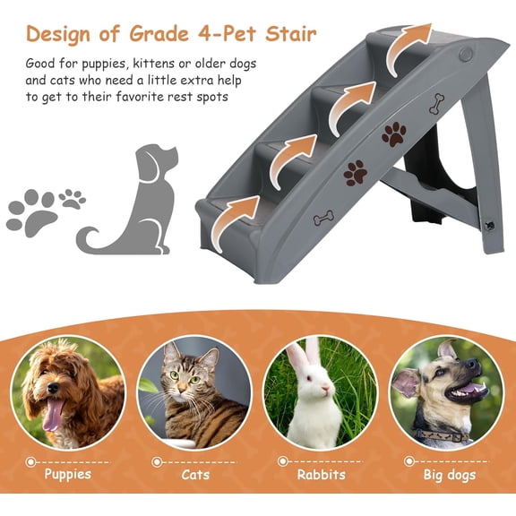 20 Inch 4-Step Dog Stairs for Small Dogs and Cats, Non-Slip Pet Steps for High Beds Couch Sofa, Sturdy Grey Pet Ladder