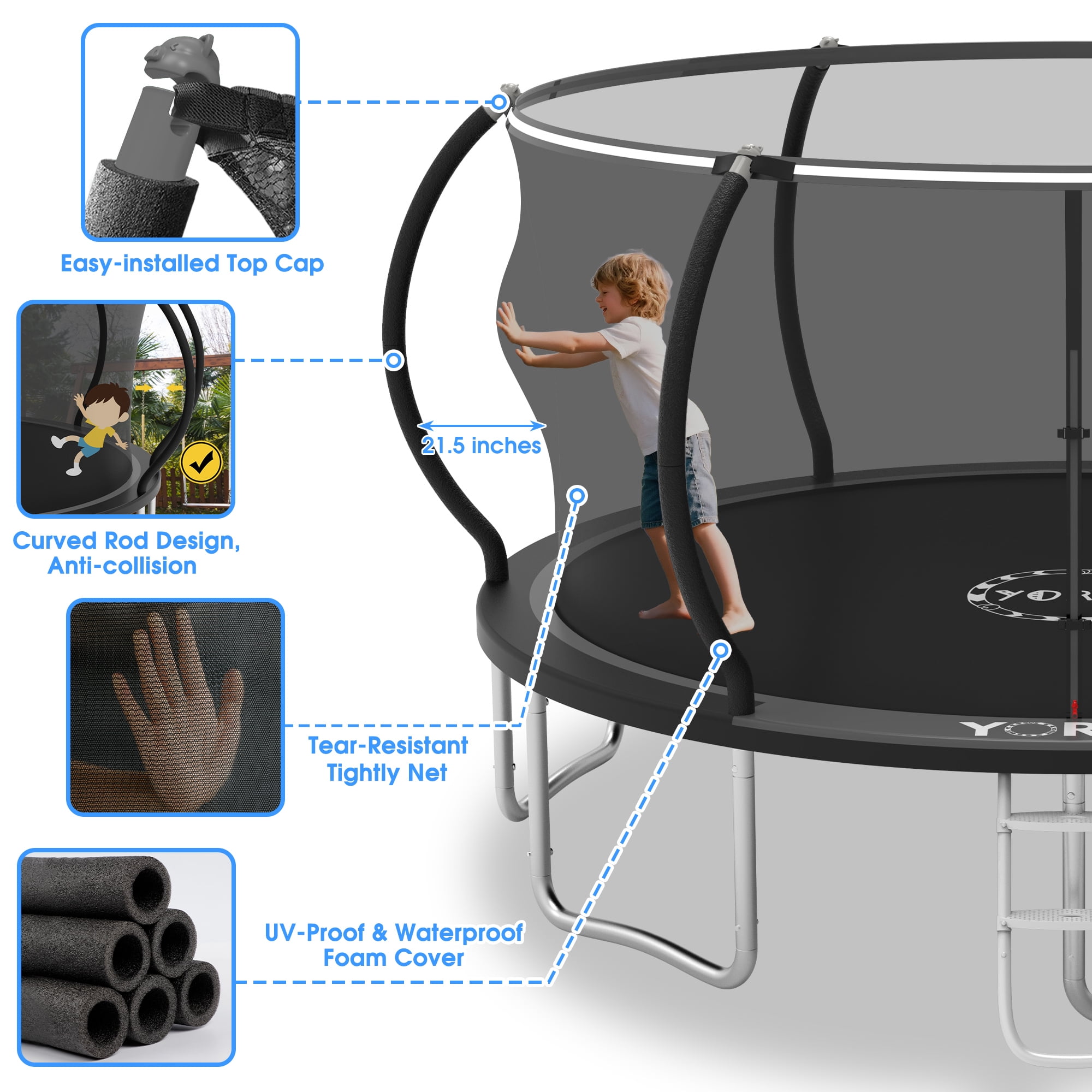 YORIN Trampoline for 5-6 Kids, 14 FT 8 FT 10FT 12FT Trampoline for Adults with Enclosure Net, Ladder, Light, 1400LBS Weight Capacity Outdoor Round Recreational Trampoline, Heavy Duty Trampoline