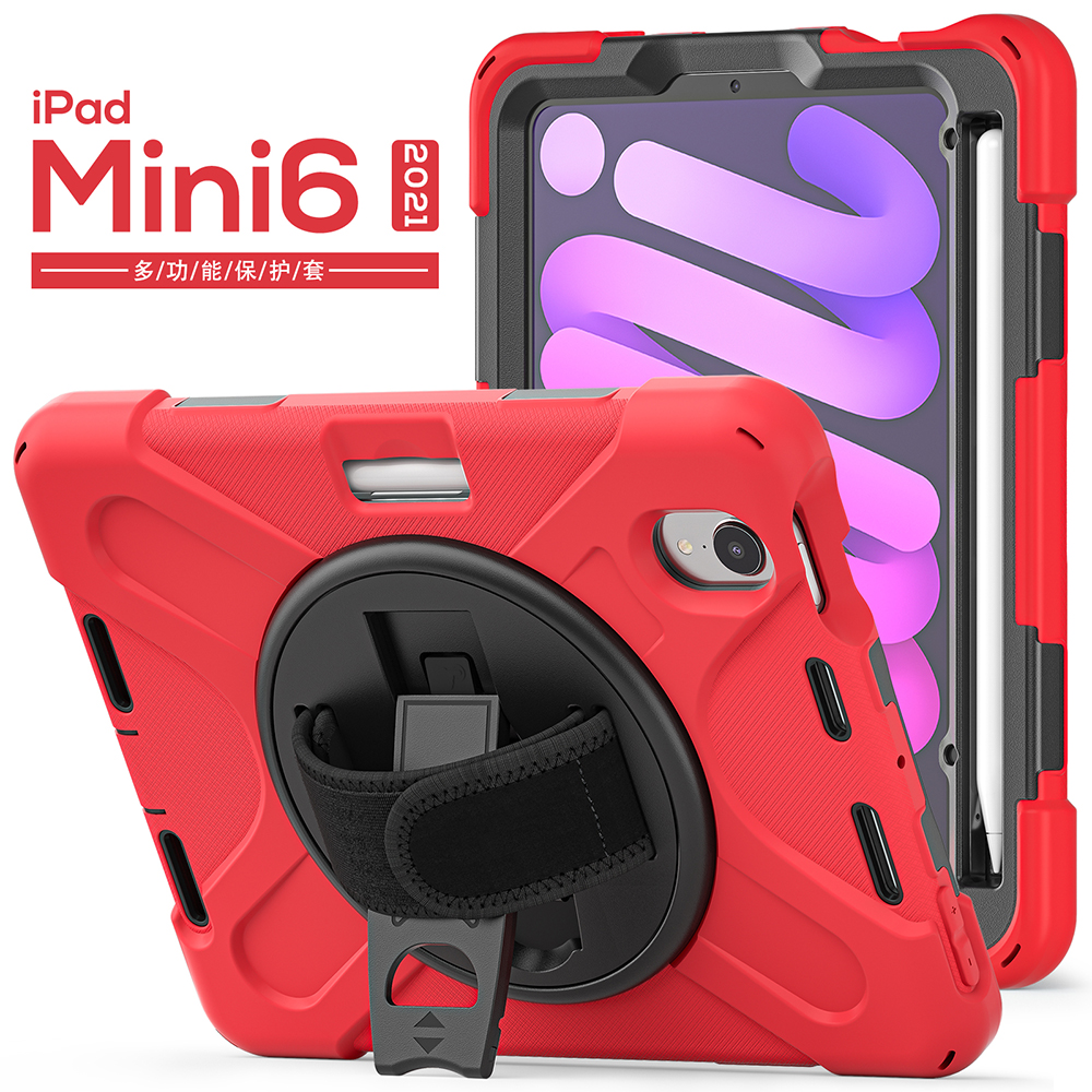 For Apple iPad Mini 6 (2021) Heavy Duty Rugged Hybrid with Kickstand, Shoulder Hand Strap, Pencil Holder Shockproof Full Protective Cover ,Xpm Phone Case [Red]