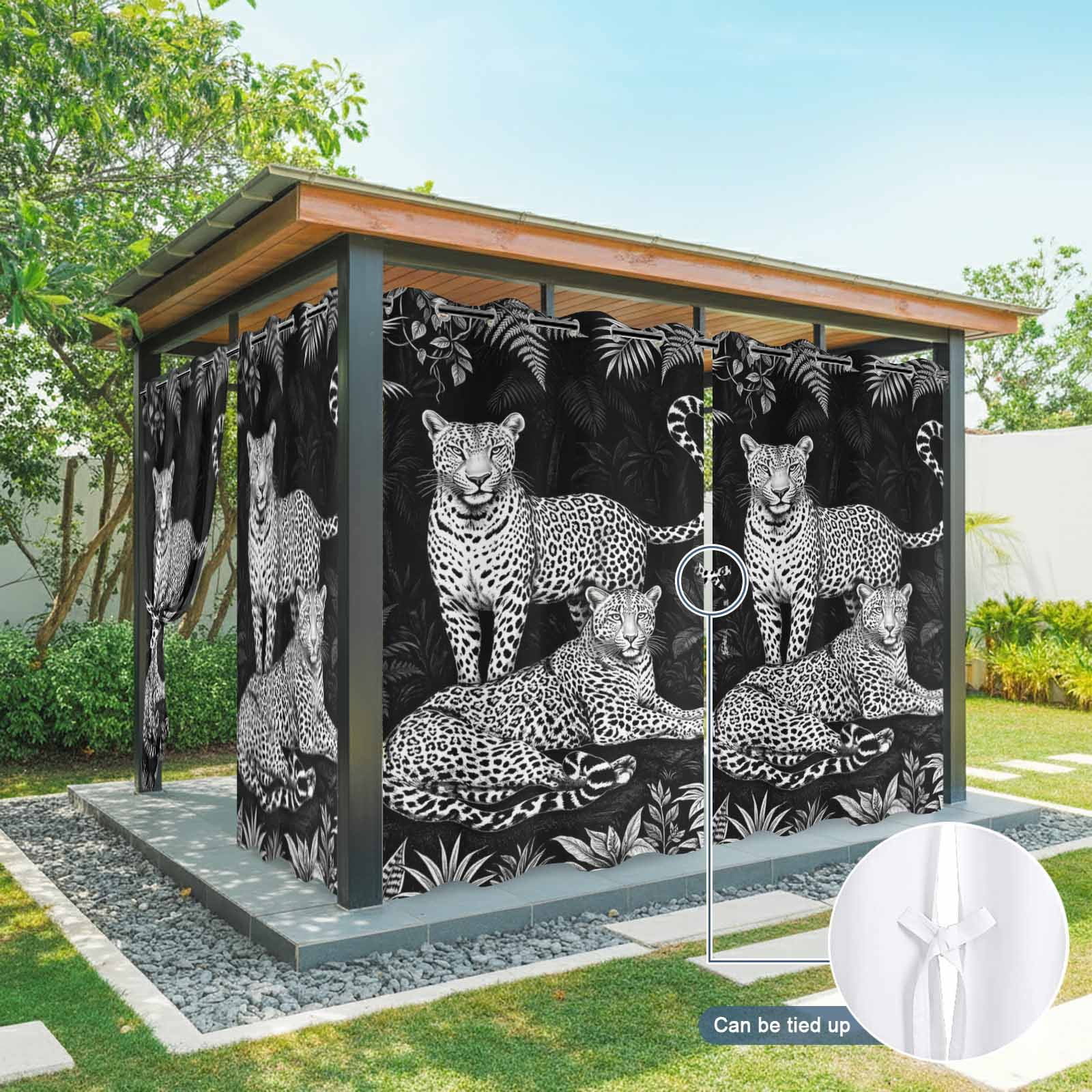 Black And White Leopard Outdoor Curtains for Patio, Tropical Plants Palm Leaf Jungle Animal Sunshade Privacy Drapes Grommet Waterproof Outside Curtains for Porch/Cabana/Balcony 54"x 108", 1 Panel