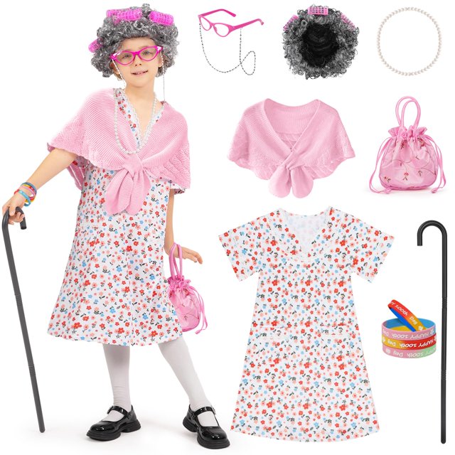 Disfraz infantil de señora mayor WooWee, vestido rosa, 5-7 años