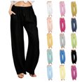 thumbnail image 2 of Women's Cotton Linen Wide Leg Pants Elastic Waist Drawstring Casual Loose Trousers with Pockets Summer Beach & Lounge Wear, 2 of 8
