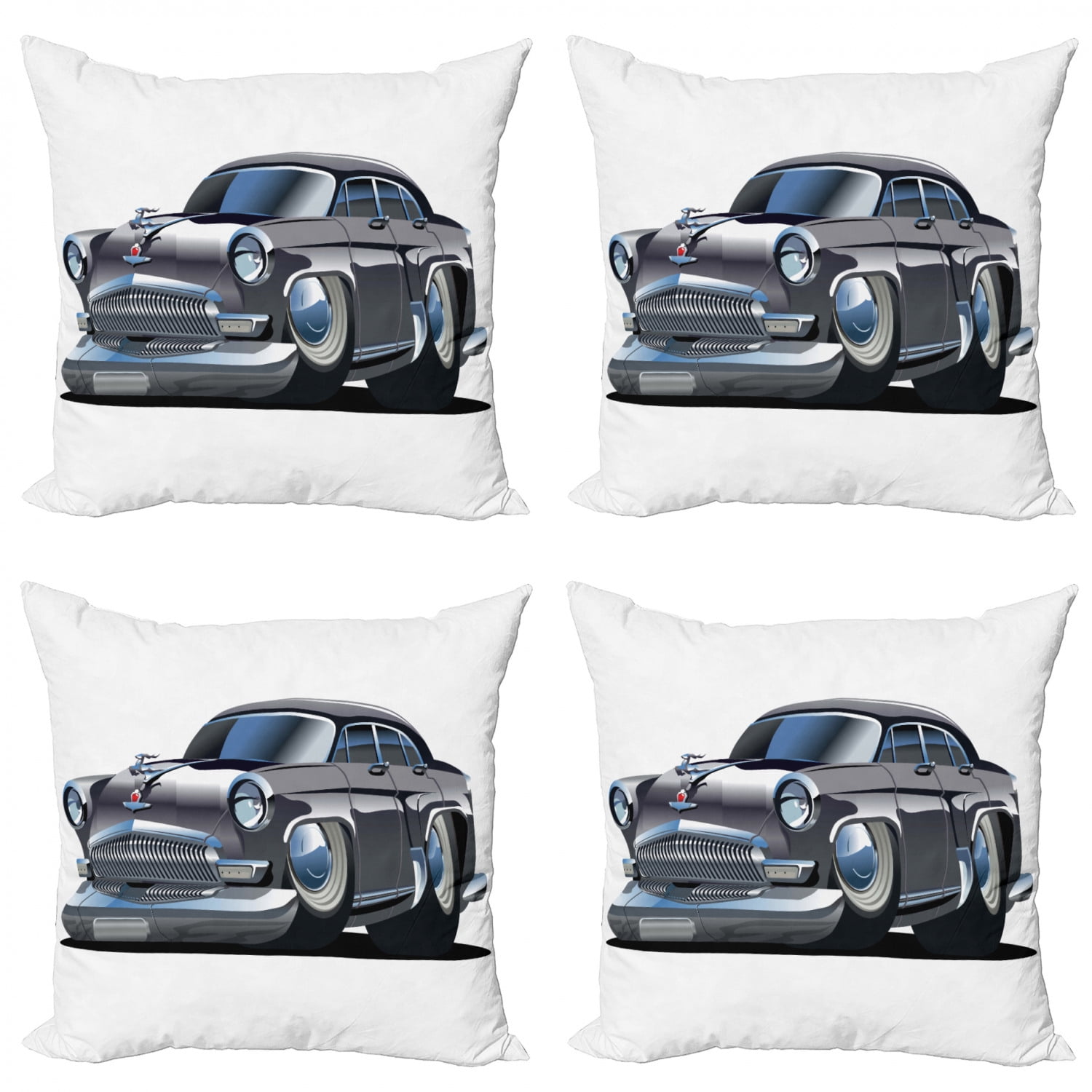 Cars Throw Pillow Cushion Case Pack of 4, Retro Inspired Car Design with Asymmetric Tires Fast
