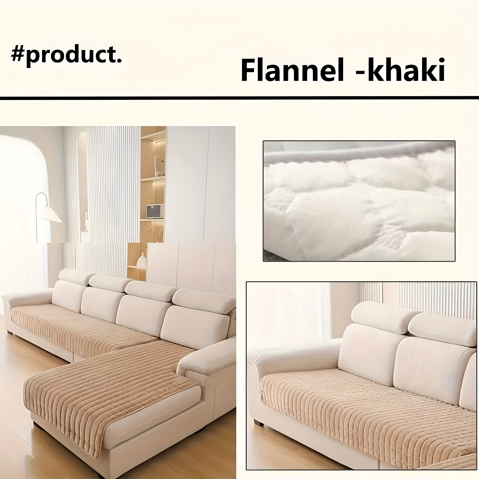 2PCS Quilted Flannel Velvet Sofa Cover, 35"x63"+35"x82" Size, Non Slip Fuzzy Pet Couch Covers for 3 / 4 Cushion Sofa Slipcovers Cushion Protector - Khaki