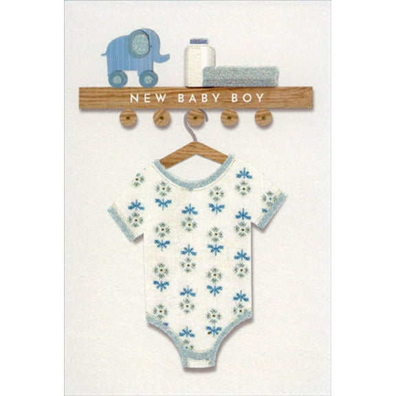 Pictura One Piece Outfit on Hanger : Elephant on Shelf New Baby Boy Congratulations Card