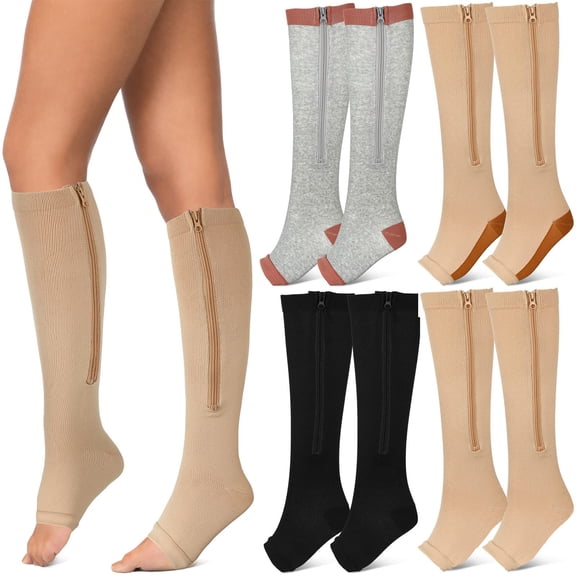2 Pairs Open Toe Zipper Copper Compression Socks for Women & Men Circulation 15-20 mmHg is Best Support for Athletic Running Cycling, Nursing, Travel