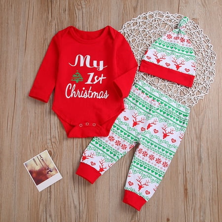 

CHGBMOK Christmas Deals Infant Baby Letter Print Jumpsuit Romper+Christmas Deer Print Pants Outfits Clearance