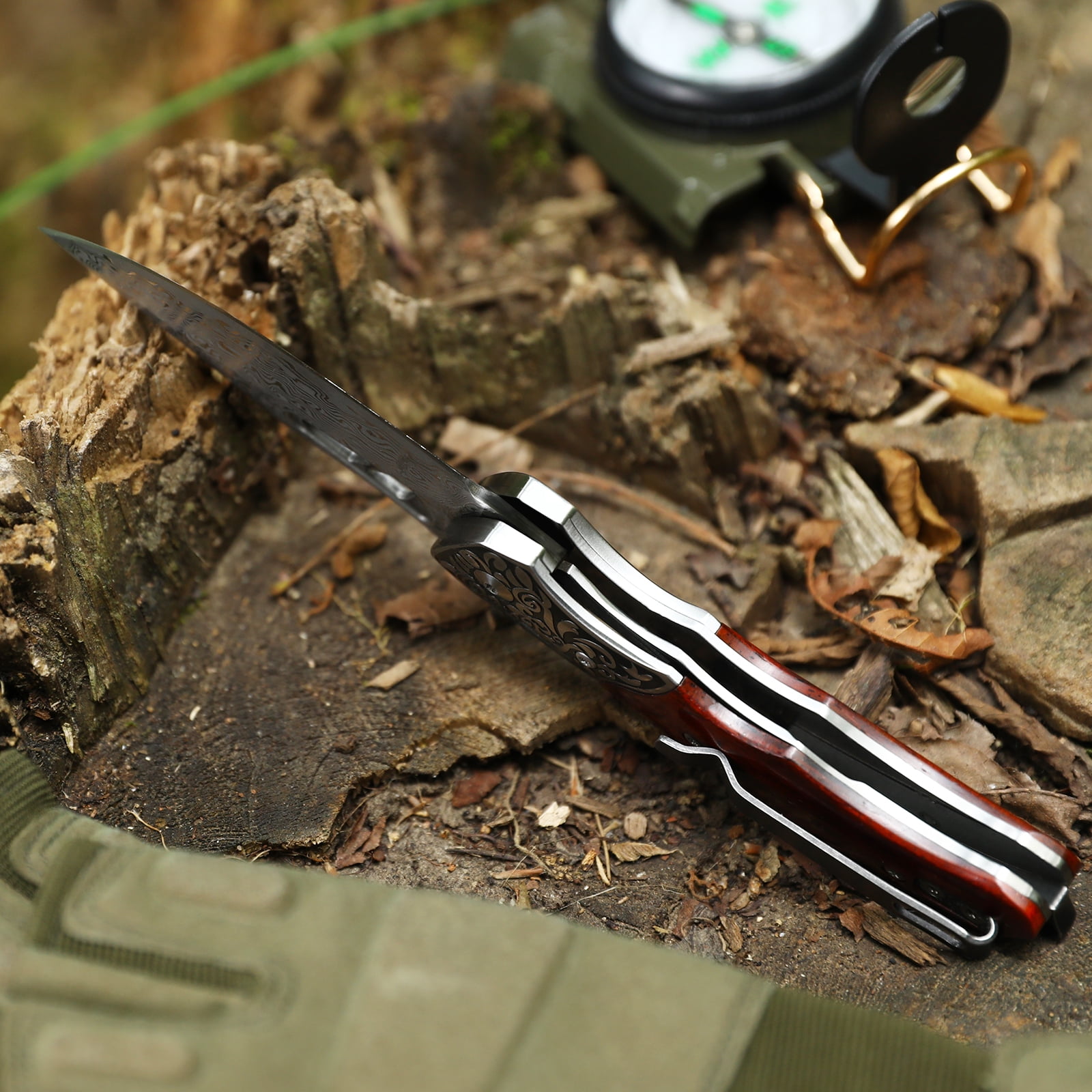 Dispatch Folding 4" Damascus Pocket Knife with Red Wood Handle