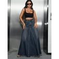 thumbnail image 5 of Women's Retro Distressed High Waist Frayed Hem A Line Wash Maxi Long Denim Skirt with Pockets, 5 of 11