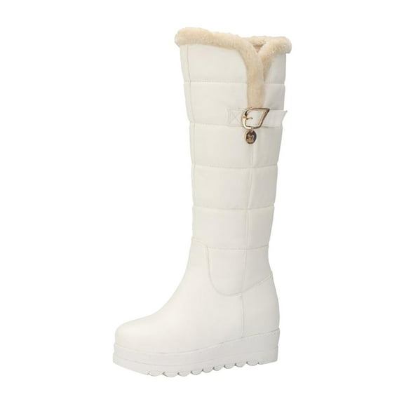 jsaierl Women Boots Belt Buckle Thick Fleece Slip-on Platform Mid-heels Solid Color Winter Warm Knee High Snow Boots