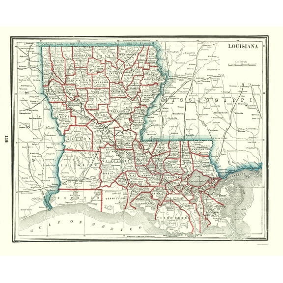 Historic State Map - Louisiana - Rathbun 1893 - Vintage Wall Art