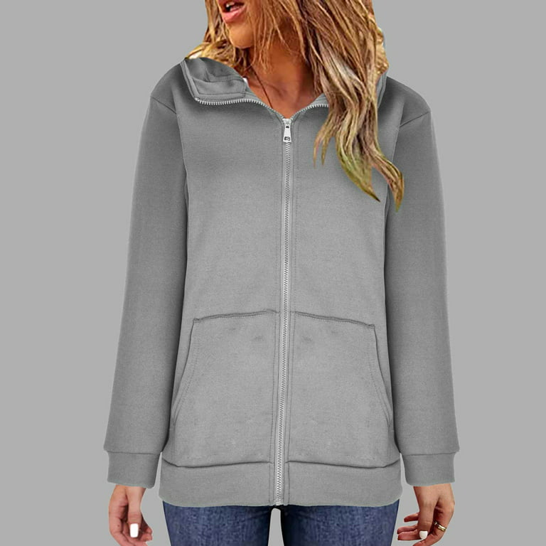Winter Savings! RQYYD Women Casual Full Zip Up Plus Size Hoodie Comfy Loose  Solid Hooded Sweatshirt Loose Long Sleeve Winter Jacket with Pockets