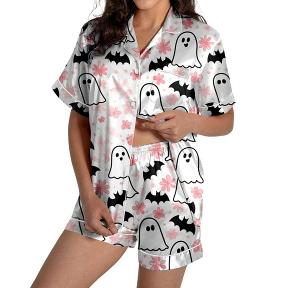 Two Piece Sets for Women – Pajama Sets Designed for Weekend Calm or Travel Nights Ladies' Halloween Pumpkin Printed Silk Satin Short Sleeve Button Sleepwear Set
