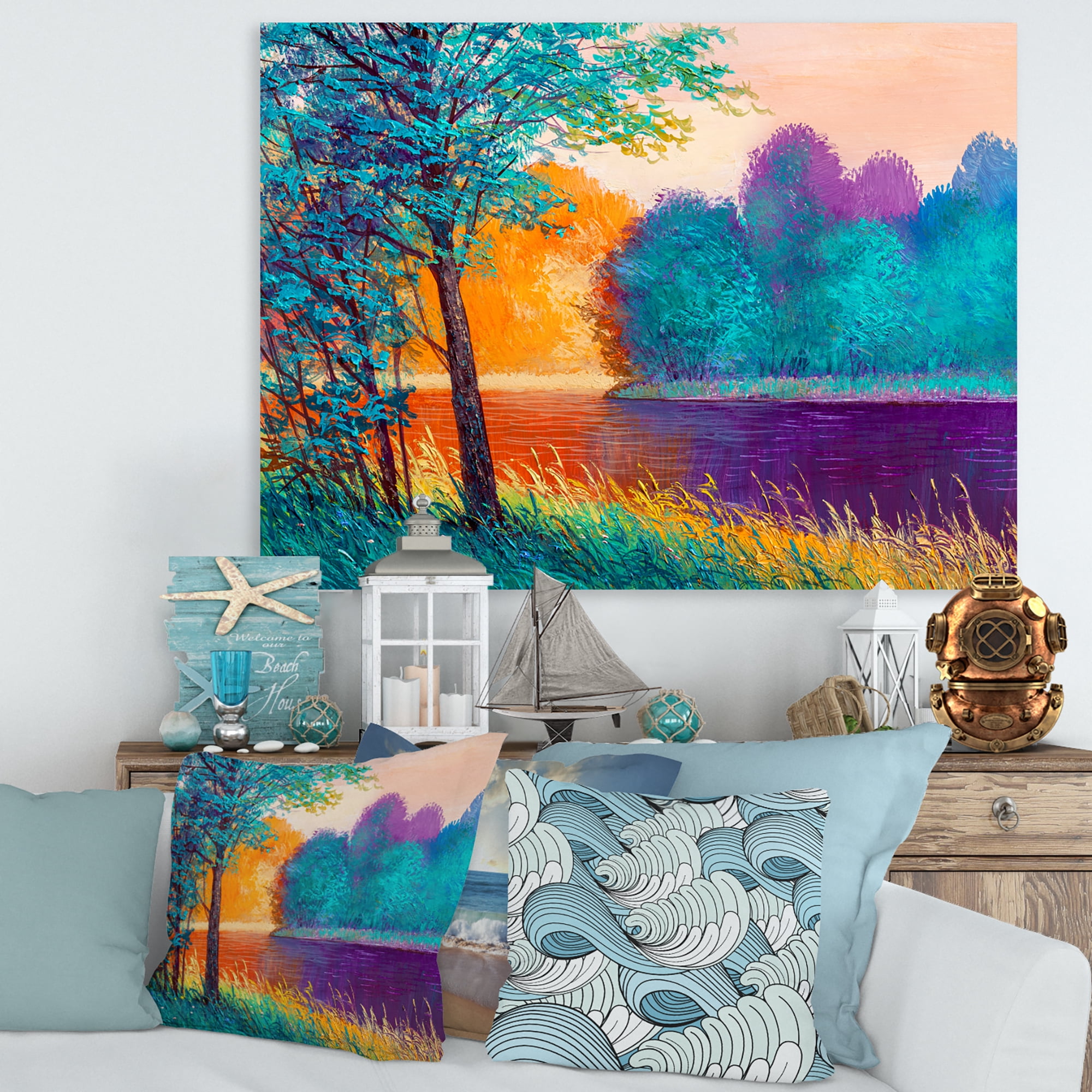 Designart ' Colorful Trees During Twilight Along River ' Traditional Canvas Wall Art Print