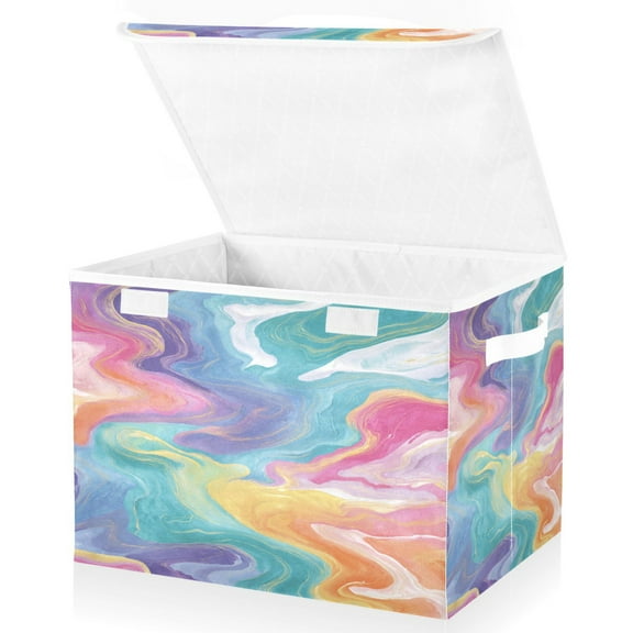 Large Collapsible Storage Box Flip Lid Fabric Decorative Organizer Container Basket with Handles 16.5×12.6×11.8in Rainbow-colored Twists