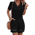 thumbnail image 1 of Conjunto de 2 Piezas de Corta para Mujer, Camisetas de Verano Holgadas con Encaje y Cuello en V, Blusa Tipo Túnica con Mangas con Volantes y Pantalones Cortos, Color Negro, M, 1 of 7