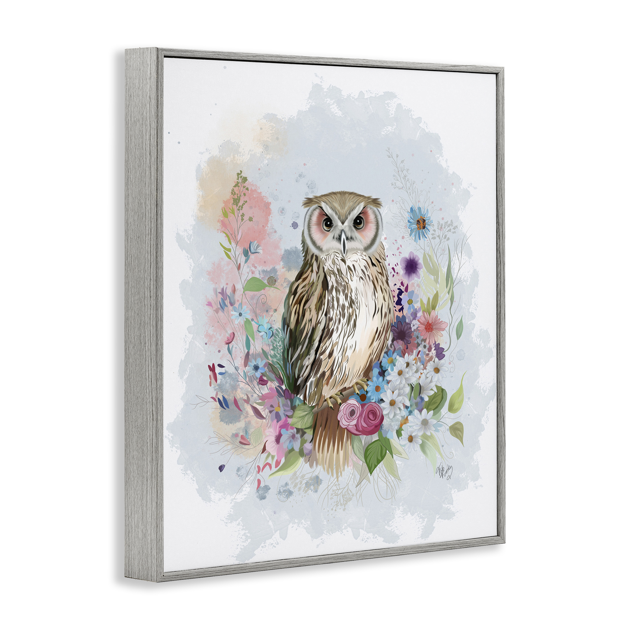 Stupell Industries Owl & Floral Garland Animals & Insects Painting Gray Framed Art Print Wall Art, 24 x 30
