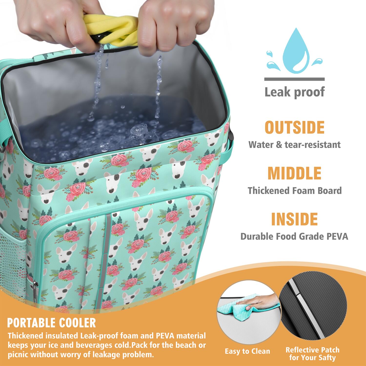 Travel Cooler Bag - Bull Terrier Dog and Flower Florals Camping Beer Cooler Backpack with Bottle Opener- Waterproof Insulated Picnic Backpacks - Cooler Bag for Beach
