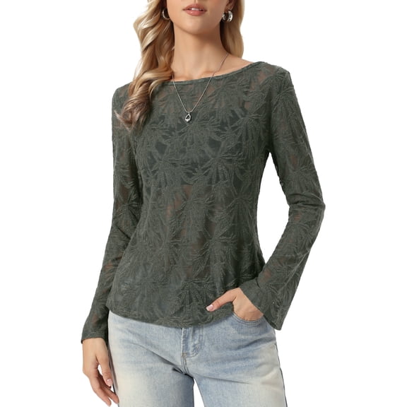 INSPIRE CHIC Jacquard Blouse for Women's Boat Neck Long Sleeve Fall Sheer Knit Top XS Dark Green