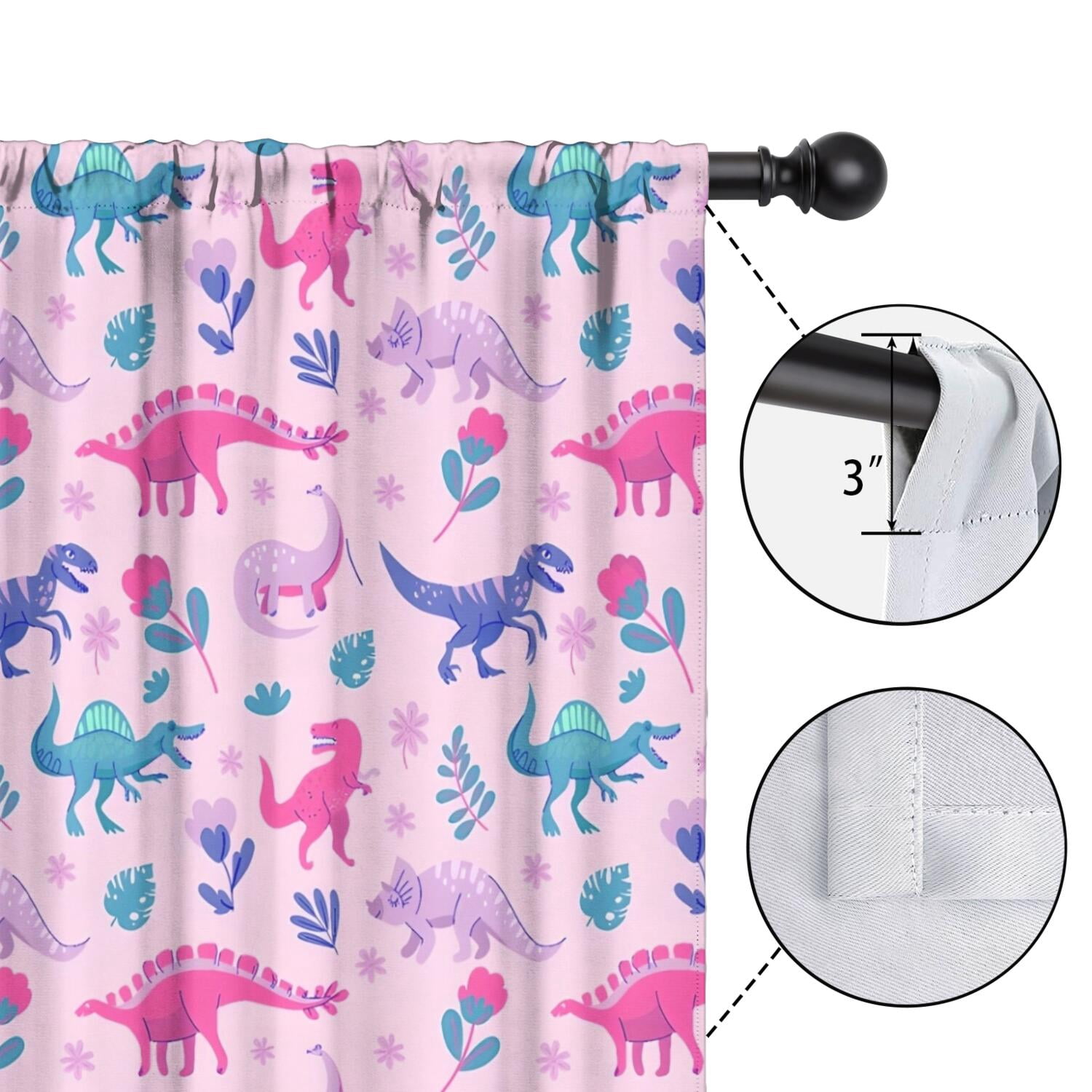 Blackout Kids Curtains,Pink Dinosaurs Flowers Leaves Pattern Childrens Insulated Curtains Set Of 2,Bedroom Essentials,Toddler Room Decor 42"x54"
