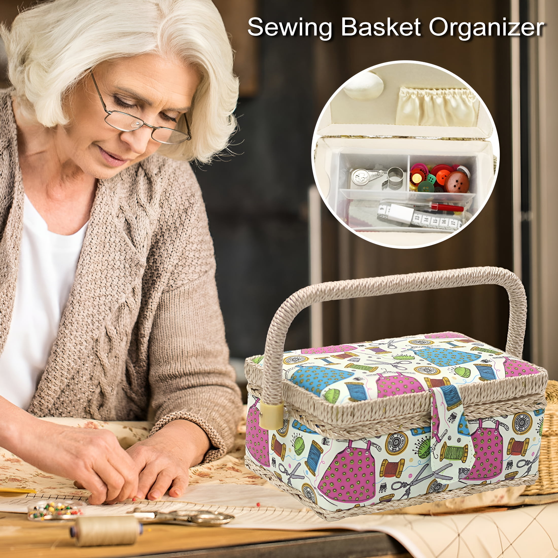 XIBUFE Sewing Basket,Thread Organizer,Portable Sewing Kit for Home Craft Supplies