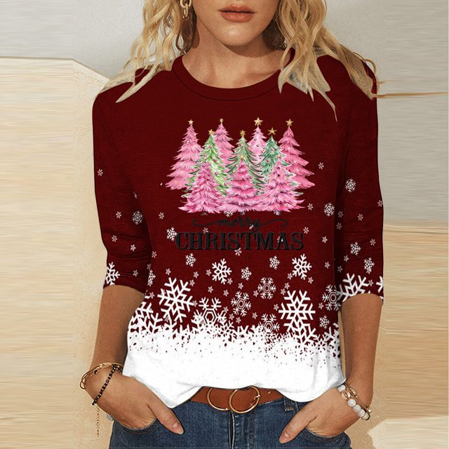 Fiudx Liquidación de Ofertas Flash Camiseta con Estampado Navideño a La Moda para Mujer, Blusa con Mangas 3/4, Tops Informales con Cuello Redondo