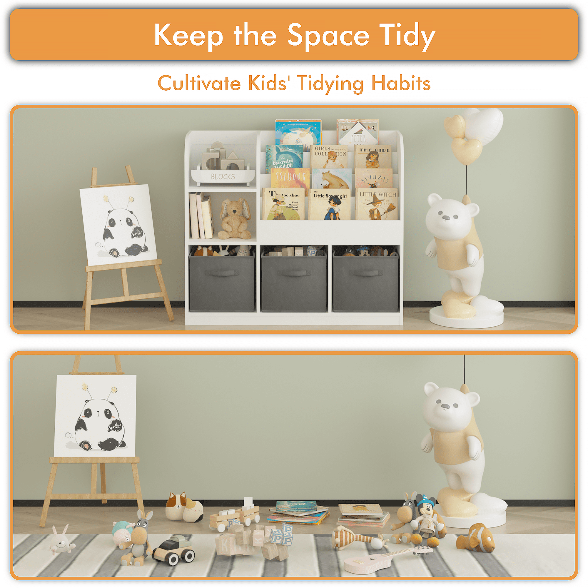 Jopath Kids Toy Organization Cubby Bookcase with 3 Fabric Drawers,Bookcase Display Stand for Bedroom, Playroom,Gray02