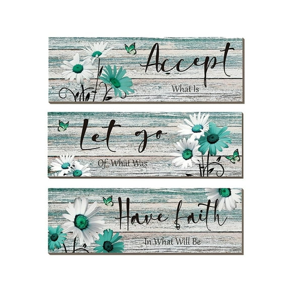 3 Pieces Farmhouse Teal Bathroom Wall Art Wood with Floral and Inspirational Words for Various Places