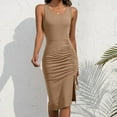 thumbnail image 2 of Women Sexy Bodycon Dress Ruched Side Slit Drawstring Midi Dress Round Neck Sleeveless Dresses Tank Sheath Party Club Dress, 2 of 5