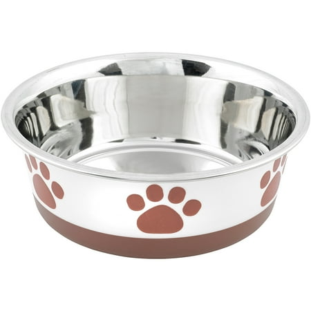 Non Skid Bonded Stainless Steel Bowl 2qt White With Brown Print