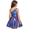 thumbnail image 4 of Raenseen Girls Shiny Party Dress With Belt One Shoulder A Line Summer Dress Patent Leather Look Modern Jazz Dance Outfits Blue 6, 4 of 7
