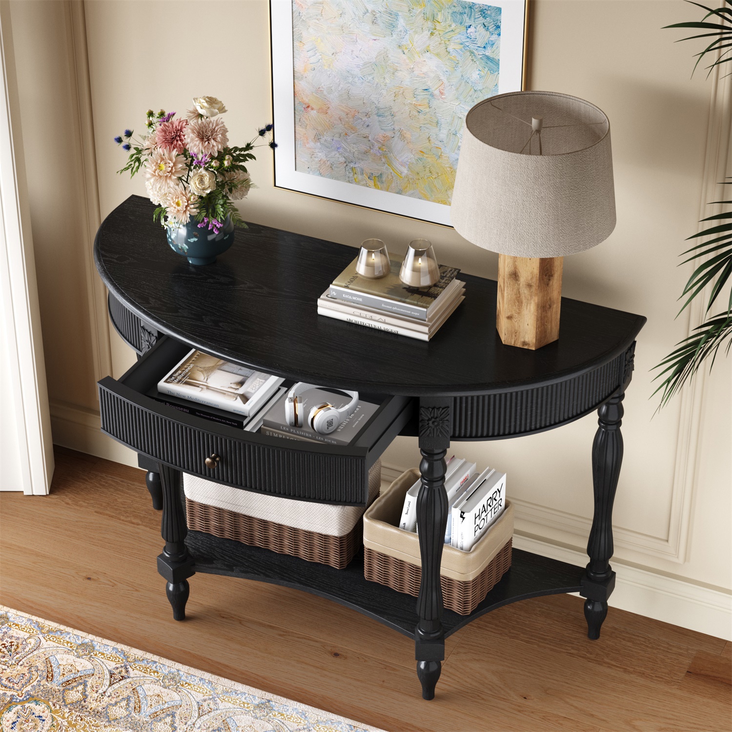Hommoo Solid Wood Half Moon Console Table with Drawer & Open Shelf, Vintage Fluted Entryway Table for Hallway, Foyer, Living Room, Space-Saving Semicircular Accent Furniture, Black