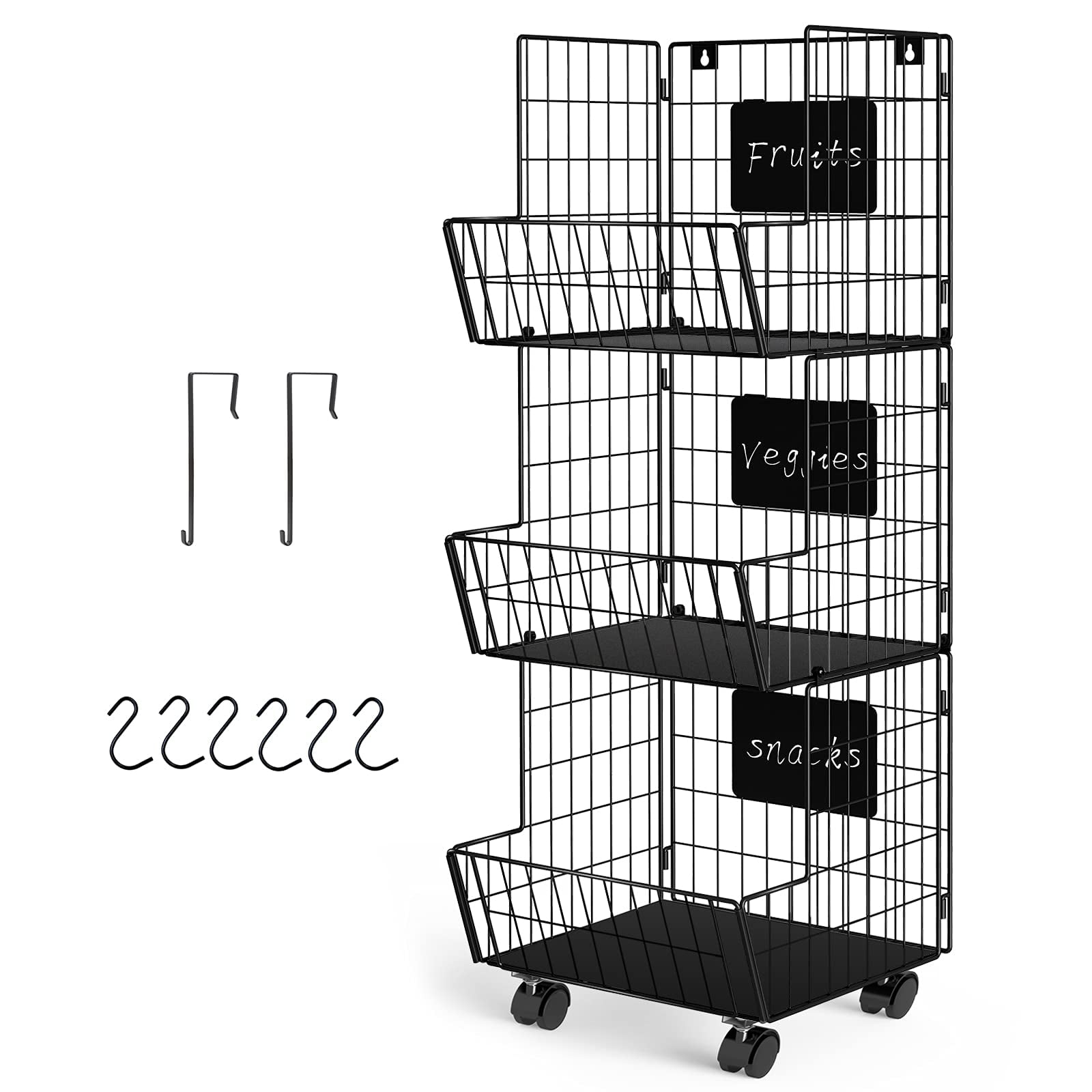 Bextsrack Fruit Basket Storage Cart 3 Tier Stackable Metal Wire